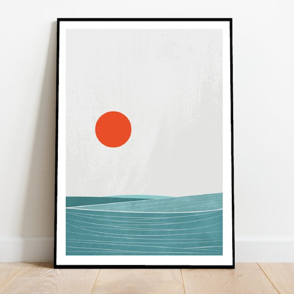 Simple Landscape 1, the sea, retro midcentury 1960s scandi Illustration print/poster - Seascape print