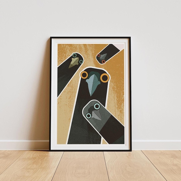 Nosy Corvids Bird Print: Mid-Century Modern Crow, Rook, Magpie Illustration
