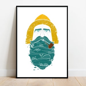 Fisherman's beard retro midcentury 1960s Illustration print/poster animals scandi - Scenic folk poster, seaside print, whale tail, ocean