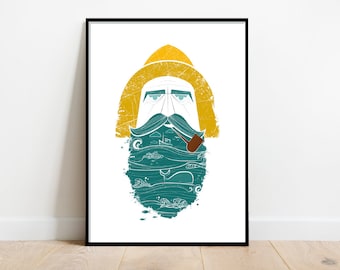 Fisherman Beard Print: Mid-Century Scandi Folk Art Poster