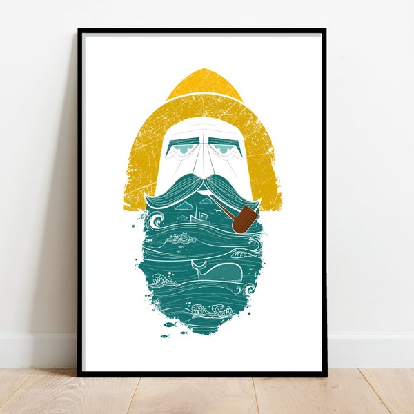 Fisherman Beard Print: Mid-Century Scandi Folk Art Poster