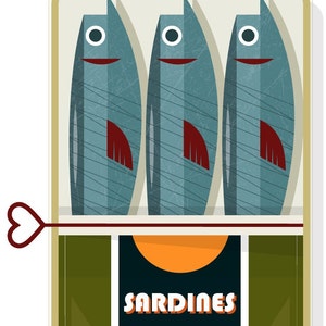 Sardines in a tin, retro midcentury 1960s Illustration print/poster classic scandi food print minimalist art retro poster, food art image 2