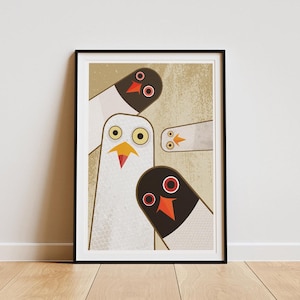 Gruppe neugieriger Möwen, retro midcentury 1960 Illustration Druck/Poster - Vogel Poster