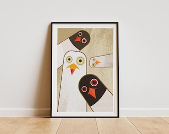 Nosy Seagulls Print: Retro Mid-Century Illustration, Bird Poster