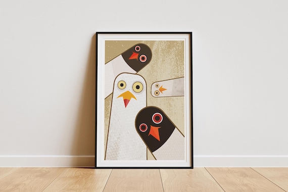 Nosy Seagulls Print: Retro Mid-Century Illustration, Bird Poster