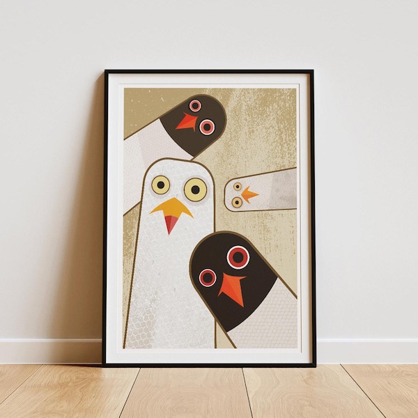 Nosy Seagulls Print: Retro Mid-Century Illustration, Bird Poster