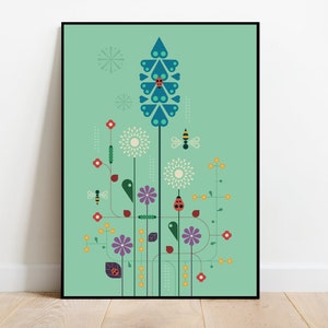 庭の春 2 - ミッドセンチュリースタイルの野生の花のイラスト、植物のプリント、植物のイラスト、ポストカード、植物