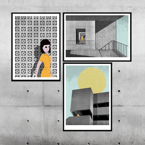 Conjunto de láminas de arquitectura brutalista: ilustración moderna de mediados de siglo, estilo escandinavo de los años 60.