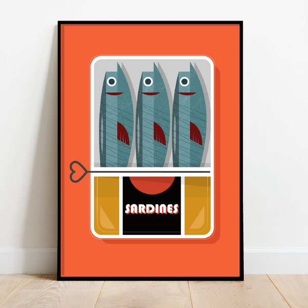 Sardines in a tin, retro midcentury 1960s Illustration print/poster classic scandi - food print - minimalist art - retro poster, food art