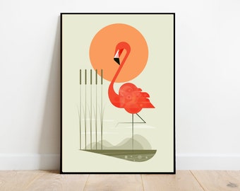 Flamingo in the sun Illustration print/poster - bird art - wildlife print - flamingo art