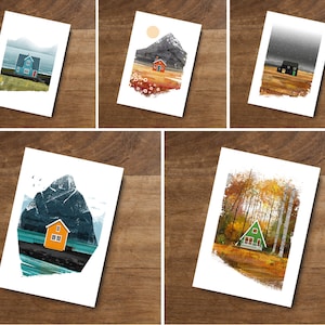 Mid-Century Cabin Christmas Cards: 1960s Retro Illustration, Pack of 5
