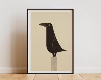 Mid-Century Crow Art Print: Retro Bird Illustration