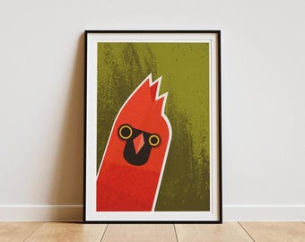Nosy Red Cardinal Art Print: Retro Mid-Century Illustration