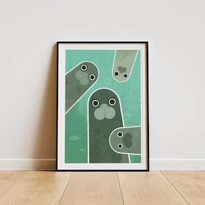 A group of Nosey Seals, retro midcentury 1960s Illustration print/poster - animal poster - nature print