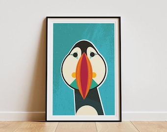 Nosy Puffin Print: Stylised colourful Modern Bird Illustration