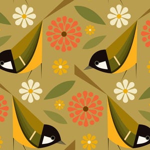 SAMPLE - Great Tits & Flowers Wallpaper - floral wallpaper, retro wallpaper, mid century, stylised, geometric birds
