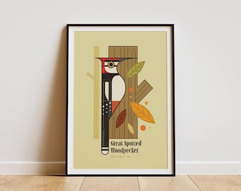 Stylised Woodpecker Art Print: Retro Mid-Century Illustration
