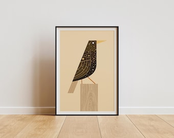 Mid-Century Starling Art Print: Retro Bird Illustration