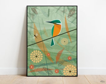 Kingfisher Print: Retro 1960s Mid-Century Bird Illustration