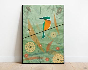 Kingfisher by the Riverbank, retro midcentury 1960s Illustration print/poster - bird poster - nature print