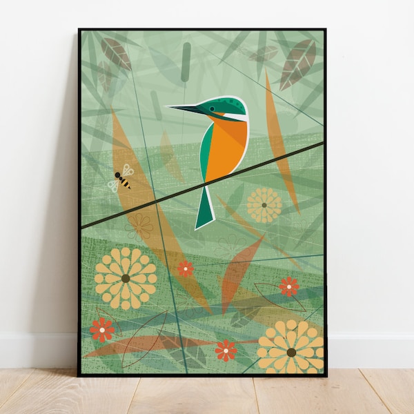 IJsvogel bij de rivieroever, retro midden jaren zestig Illustratieprint/poster - vogelposter - natuurprint