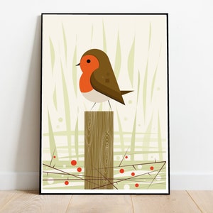 Robin on a stump, retro midcentury 1960s Illustration print/poster - bird poster - nature print