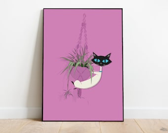 Siamese Cat Macrame Plant Print: Mid-Century Modern Illustration