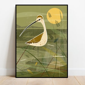 Brachvogel bei Ebbe, retro midcentury 1960s Illustration Druck/Poster - Vogel Poster - Naturdruck
