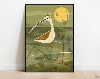 Curlew at low tide, retro midcentury 1960s Illustration print/poster - bird poster - nature print