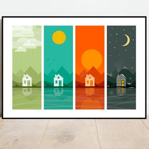 May include: A framed illustration depicting four seasons with a house in each scene. The first scene is spring with a green background, a yellow sun, and a house with a white roof. The second scene is summer with a blue background, a yellow sun, and a house with a white roof. The third scene is autumn with an orange background, a red sun, and a house with a white roof. The fourth scene is winter with a dark blue background, a white moon, and a house with a white roof.