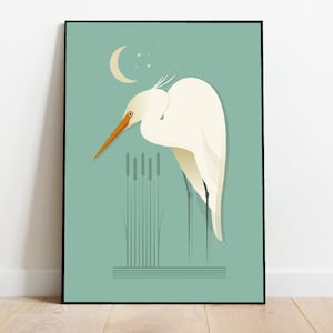 Garceta en las cañas, retro mediados de siglo 1960 Ilustración impresión/póster - cartel de pájaro - impresión de la naturaleza