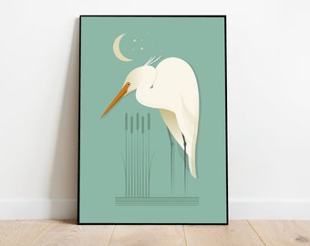 Egret in the reeds, retro midcentury 1960s Illustration print/poster - bird poster - nature print