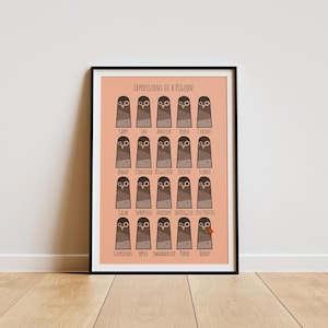 Peut inclure: Une affiche encadrée intitulée "Expressions d'un pigeon" présente une série d'illustrations de pigeons, chacune représentant une émotion différente. Les émotions sont étiquetées, notamment "Heureux", "Triste" et "En colère". L'affiche a un cadre noir et est affichée sur un fond rose clair.
