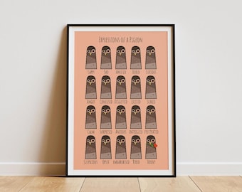 Expressions of a Pigeon Print: Retro Humorous Bird Poster