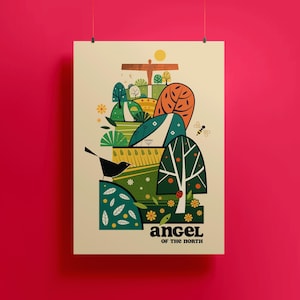Angel of the North colourful print - architecture Landscape Gateshead, mid century, landmark poster, 1960s, nature print, Tyneside