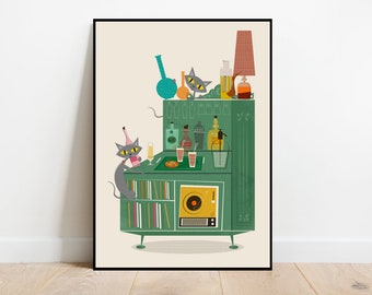 Cats on the Cabinet retro midcentury 1960s Illustration print/poster animals scandi - cats poster