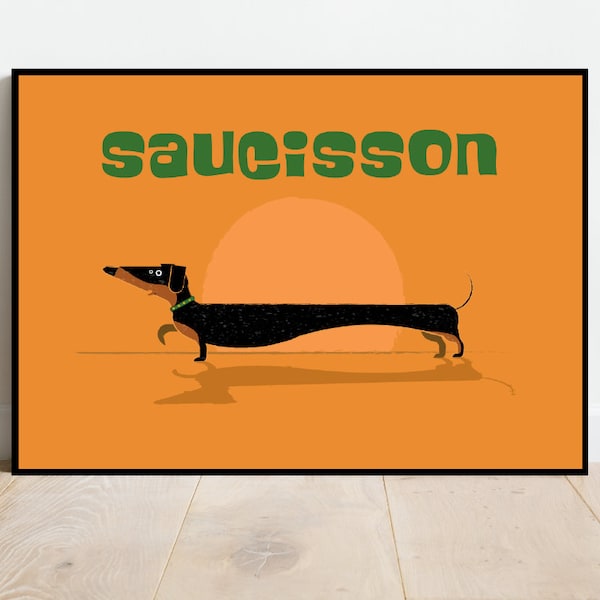Mid-Century Dachshund Print: Black Sausage Dog Illustration, Orange Background
