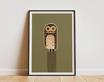 Little Owl on a Stump Art Print: Retro Mid-Century Illustration