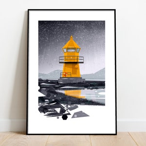 Yellow lighthouse on a rocky beach print - retro midcentury 1960s Illustration print/poster - Architecture print seascape
