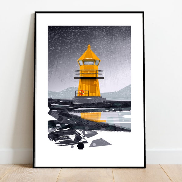 Mid-Century Modern Leuchtturm Print: Gelbe Küstenlandschaft