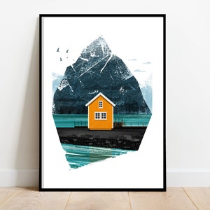 Orange Scandinavian cabin by the sea, retro midcentury 1960s scandi Illustration print/poster - Architecture print