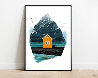 Orange Scandinavian cabin by the sea, retro midcentury 1960s scandi Illustration print/poster - Architecture print