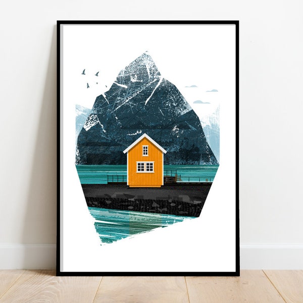 Orangefarbene skandinavische Hütte am Meer, Retro Midcentury 1960s scandi Illustration Druck/Poster - Architektur Druck