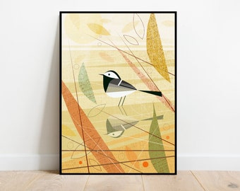 Wagtail on the sand, retro midcentury 1960s Illustration print/poster - bird poster - nature print