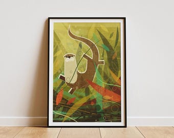 Otter swimming underwater Print: Retro Mid-Century Illustration