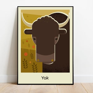 Y for Yak, animal alphabet print retro midcentury 1960s Illustration print/poster animals scandi - children's poster, nursery print