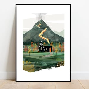 Black Scandinavian cabin at the foot of a volcano, retro midcentury 1960s scandi Illustration print/poster - Architecture print