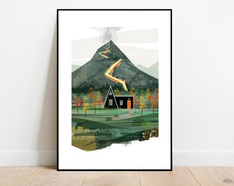 Black Scandinavian cabin at the foot of a volcano, retro midcentury 1960s scandi Illustration print/poster - Architecture print