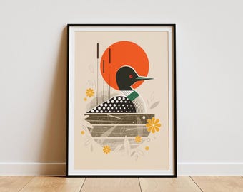 Retro Loon Print: Mid-Century Modern Bird Illustration