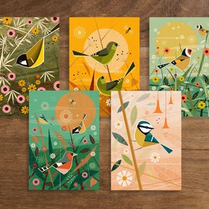 Lot de 5 cartes de voeux joyeux oiseau collection 1. cartes de Noël, illustration rétro des années 60, carte de voeux, anniversaire
